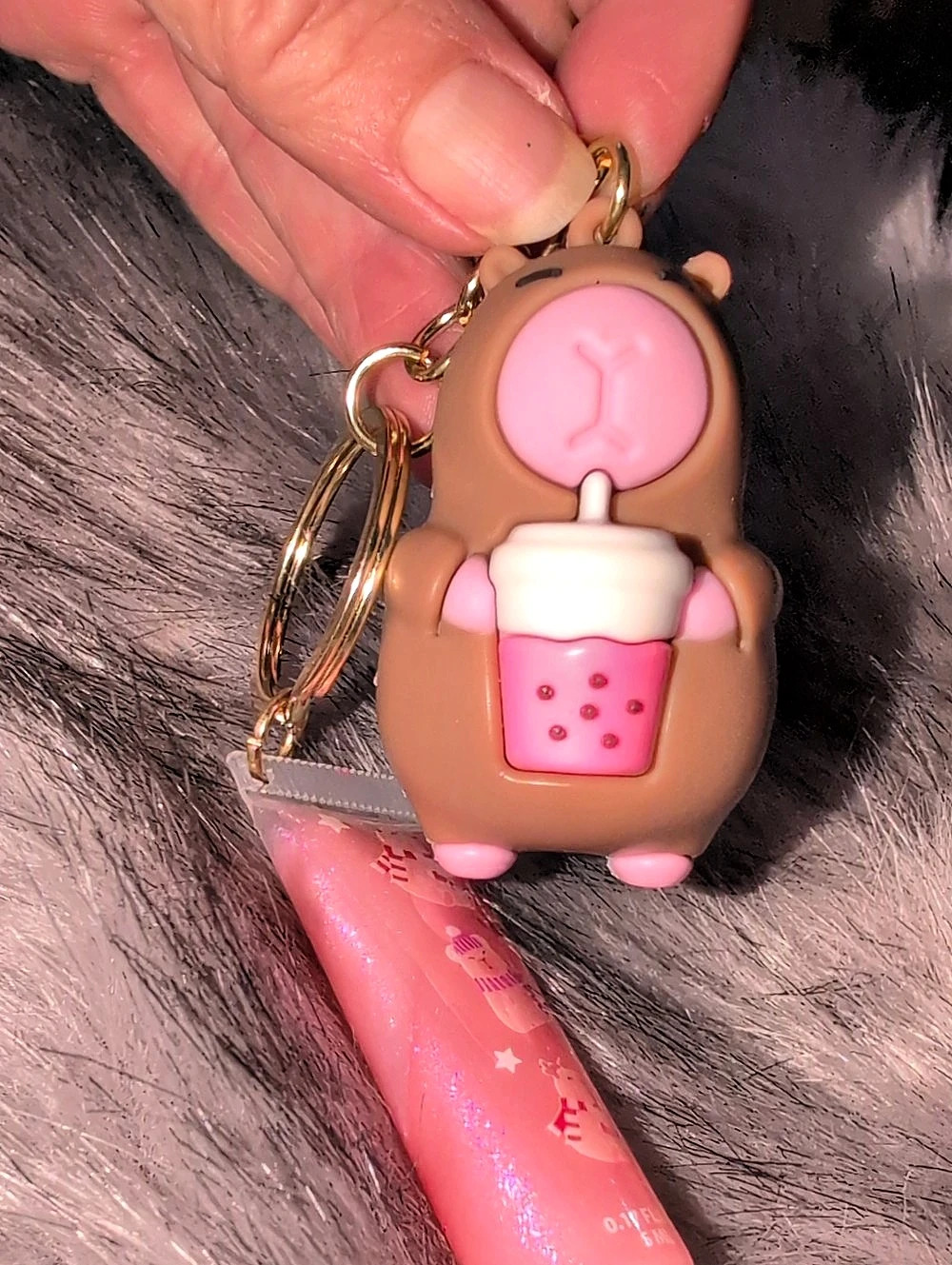 Pink & Brown Capybara Character Keychain With Lip Gloss